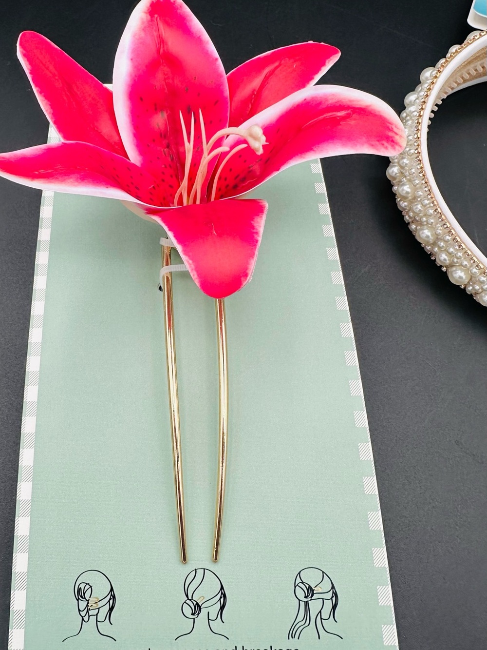 Piper M. Pearl Rhinestone Headband & Pink Lily Hair Fork Pin Bundle 2pc